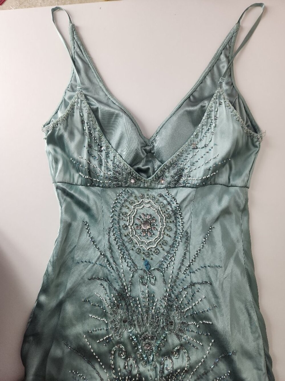SUE WONG Nocturne silk vintage sage green embellished beaded Evening Dress gown - Picture 4 of 15